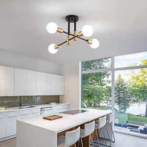 Black and Gold Modern Sputnik Chandelier Ceiling Light Fixtures,4-Lights Mid Century Industrial Metal Semi Flush Mount Ceiling Lights for Bedroom Kitchen Hallway Entryway Office UL Listed