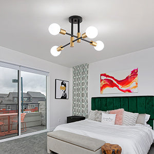 Black and Gold Modern Sputnik Chandelier Ceiling Light Fixtures,4-Lights Mid Century Industrial Metal Semi Flush Mount Ceiling Lights for Bedroom Kitchen Hallway Entryway Office UL Listed