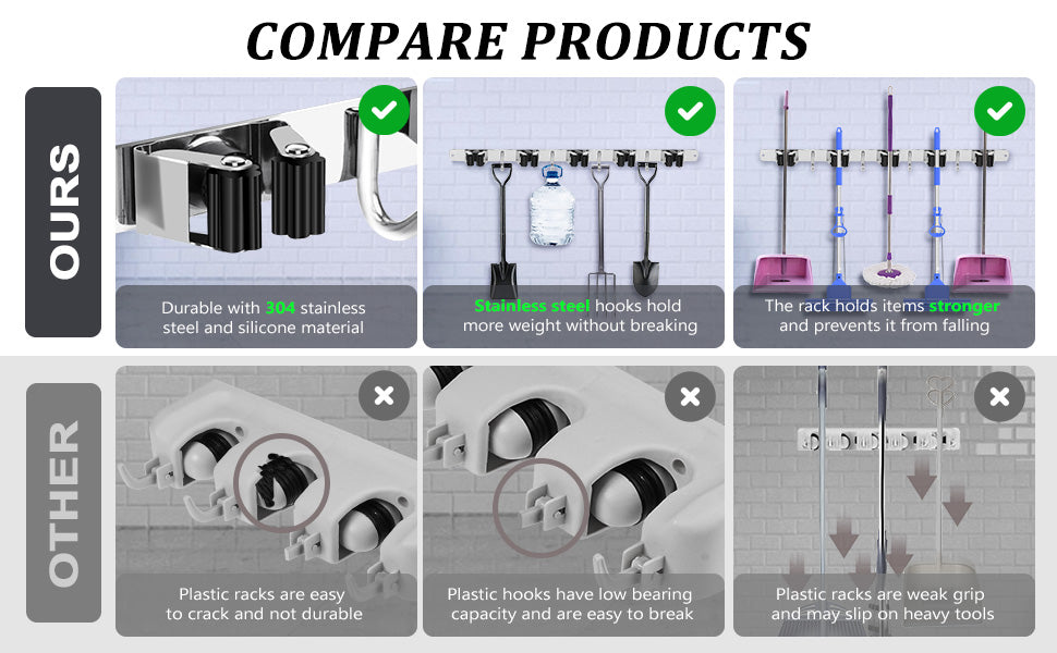 5 Racks and 4 Hooks Mop and Broom Holder Wall Mount, Broom Organizer Storage Tool Racks Stainless Steel Heavy Duty Hooks Self Adhesive Solid Non-slip for Home Kitchen Garden Laundry Garage, free and fast delivery.