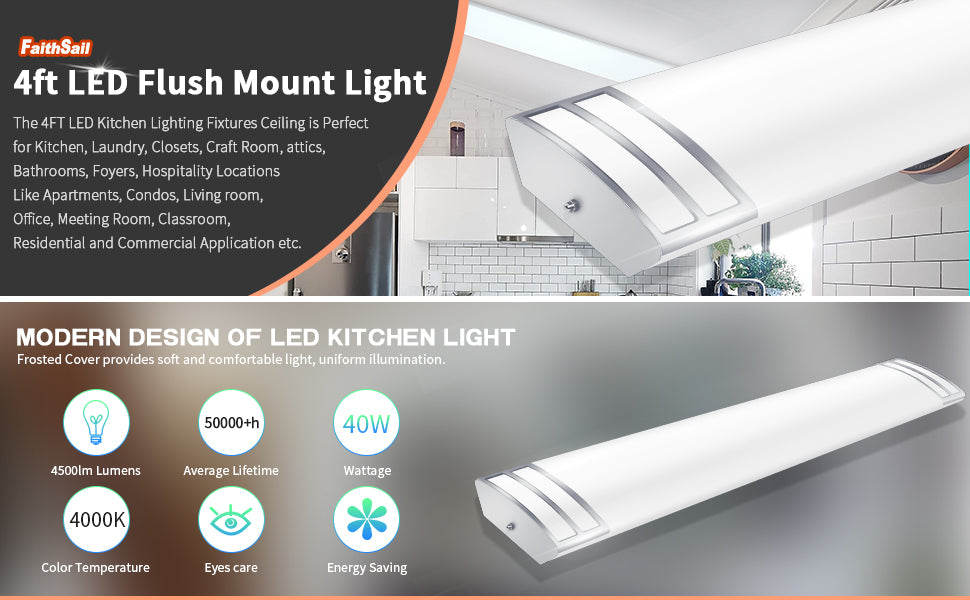 4FT LED Light Fixture, 40W, 4500LM, 4000K Neutral White, 48 Inch LED Linear Flush Mount Lights, 4 Foot Kitchen Ceiling Light for Craft Room, Laundry, Fluorescent Replacement.ETL Certified, free and fast shipping.