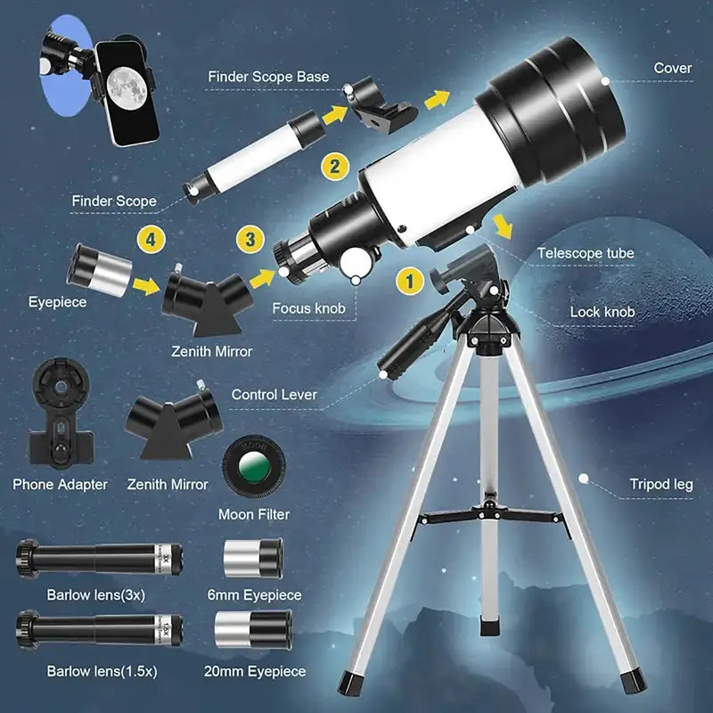 HD 150X Astronomical Telescope High-Powered,Portable with 700mm Aperture (HD Refractor, Tripod, Phone Adapter) Ideal for Stargazing and Space Exploration, Free and fast shipping.