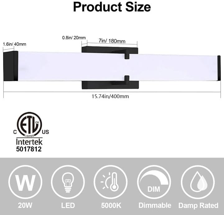 16 Inch Vanity Light 2000LM, 20W 5000K Daylight Vanity Lights for Bathroom 0-100% Dimmable, Modern Black Bathroom Light Fixtures Over Mirror CRI>85, ETL Listed, fast and free delivery