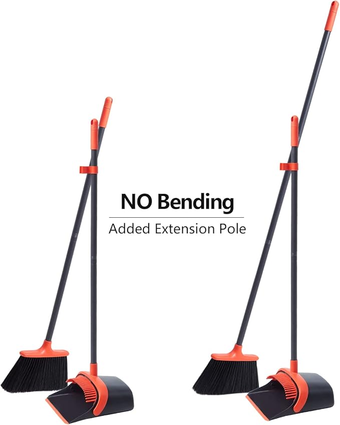 Broom with Dustpan Combo Set, Broom and Dustpan Set with Optional Extension Pole, Broom and Dustpans with Built-in Teeth for Home Lobby Office, Foldable Storage Standing Dust Pan and Brush Set,fast and free delivery.
