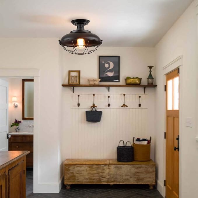 Industrial Flush Mount Ceiling Light, Upgrade Vintage Rustic Metal Cage E26 Flush Mount Industrial Light Farmhouse Style for Kitchen Dining Room Foyer Hallway Porch Entryway Bedroom,UL listed.Fast and free shipping.