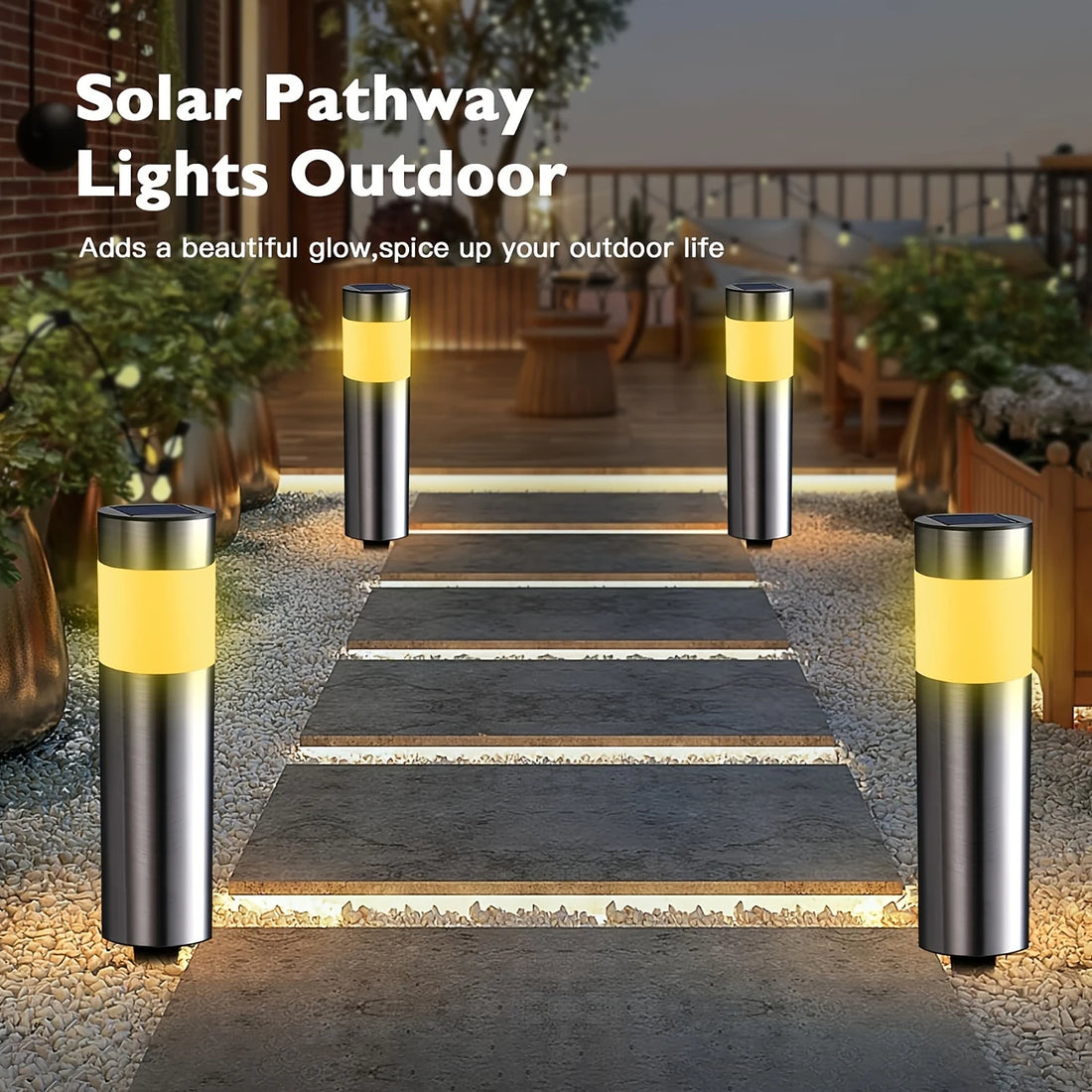2 Pcs Modern Stainless Steel Solar Outdoor LED Pathway Lights - For Garden, Pathway, Lawn, Yard, Bollard Lighting, free shipping, delivery two weeks.