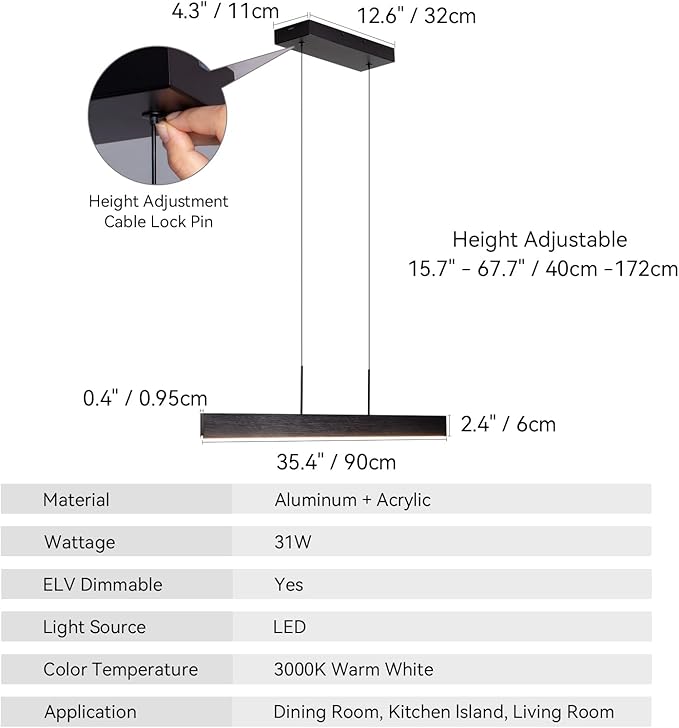 Linear LED Pendant Light Black, 31W Dimmable Dining Room Light Fixtures,ETL Certified, Modern Ceiling Hanging Kitchen Island Lighting Fixtures, 35.4"L Linear Chandelier, 3000K,fast and free shipping.