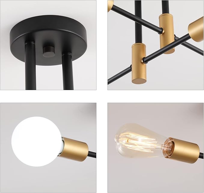 Black and Gold Modern Sputnik Chandelier Ceiling Light Fixtures,4-Lights Mid Century Industrial Metal Semi Flush Mount Ceiling Lights for Bedroom Kitchen Hallway Entryway Office UL Listed