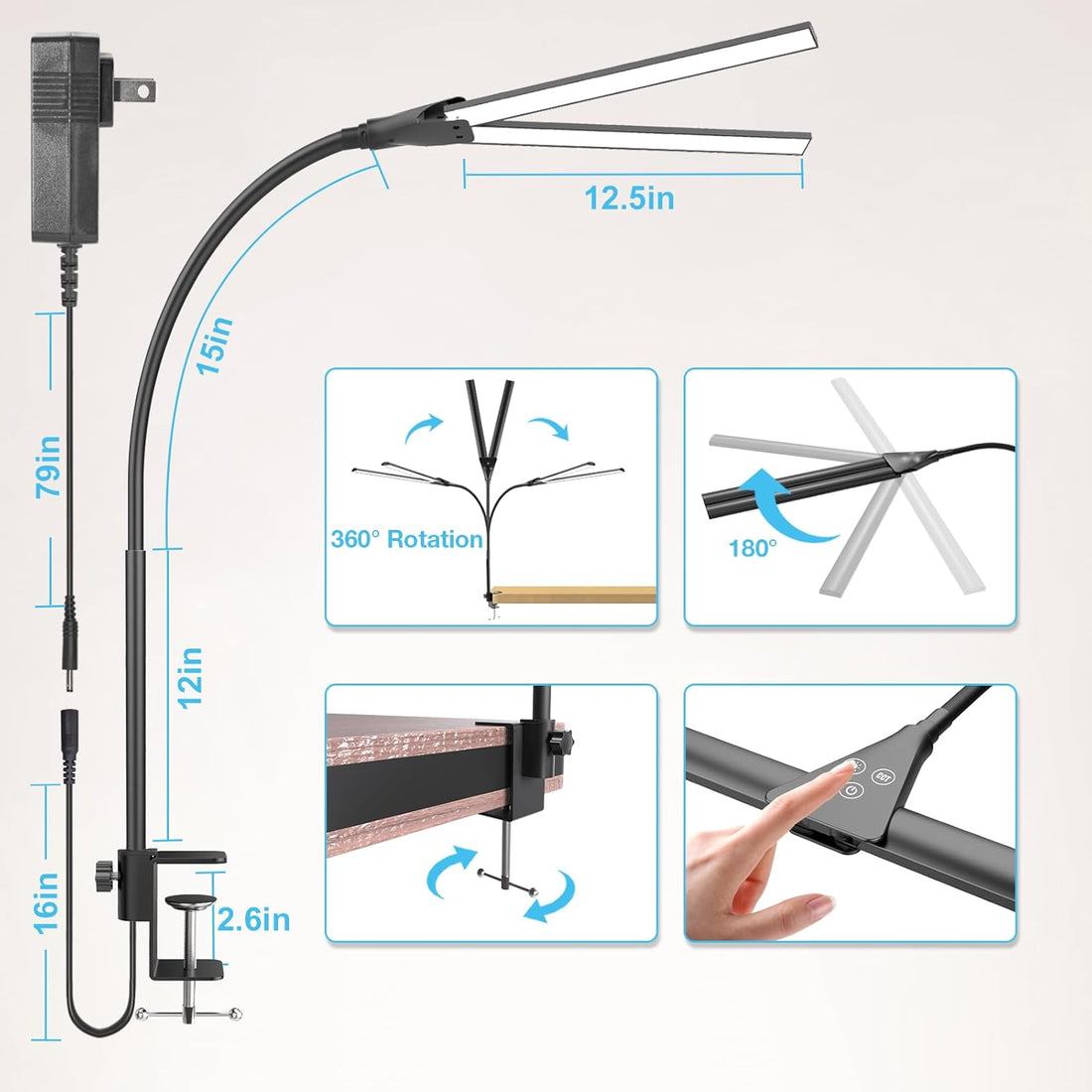 Desk Lamp for Office Home-Double Head Led Desk Light, Touch Control Dimmable 5 Brightness Levels 5 Color Modes, Eye-Caring Architect Desktop Lamp for Reading/Workbench/Study [12W,Black]Fast and free delivery.