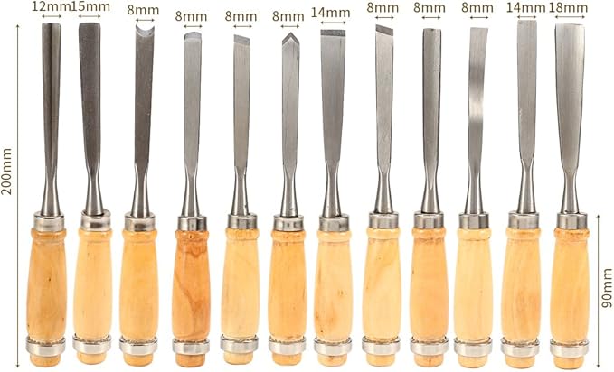 12 Pcs Professional Wood Handle Carving Chisels Tools, Woodworking Sculpting Wood Carving Chisel Set for DIY Art Craft Clay Carpentry