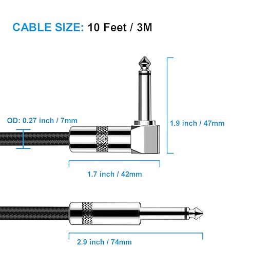 Guitar Cable 10ft New bee Electric Instrument Cable Bass AMP Cord for Electric Guitar, Bass Guitar, Electric Mandolin, Pro Audio (Right Angle to Straight, Black), FREE AND FAST DELIVERY.