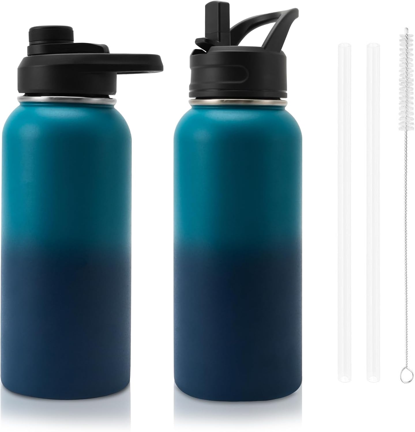 Insulated Water Bottle, 32oz Vacuum Stainless Steel Metal Sports Water Bottles with Stickers, Straw & Spout Lid (2 Lids), Double Walled to Keeps Hot and Cold, Leak Proof, BPA-Free, 32oz