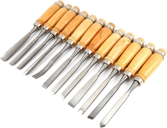 12 Pcs Professional Wood Handle Carving Chisels Tools, Woodworking Sculpting Wood Carving Chisel Set for DIY Art Craft Clay Carpentry