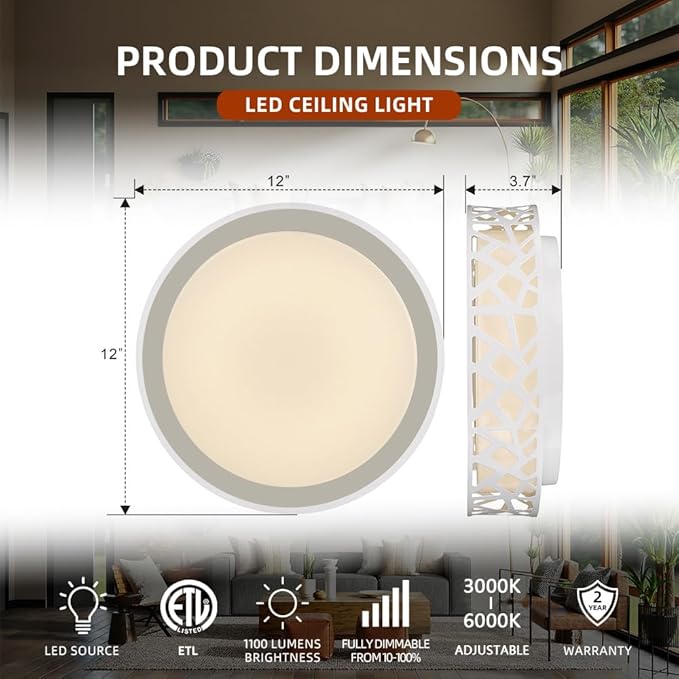Flush Mount Ceiling Light,12" 20W 1400LM Ceiling Light, 3000K/3500K/4000K/5000K/6500K,White Finished,LED Dimmable Lighting Fixture for Kitchen, Hallway, Bedroom, Laundry,ETL Certified,Free and fast shipment.