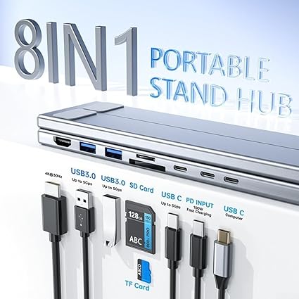 8-in-1 USB C Laptop Docking Station Stand, Laptop Tablet Stand Adjustable, SD/TF Card Slots Fast Charging, Multiport Adapter Computer Cooling Stand, Cooling Riser Office Workstation Hub, free shipping,delivery 8weeks.