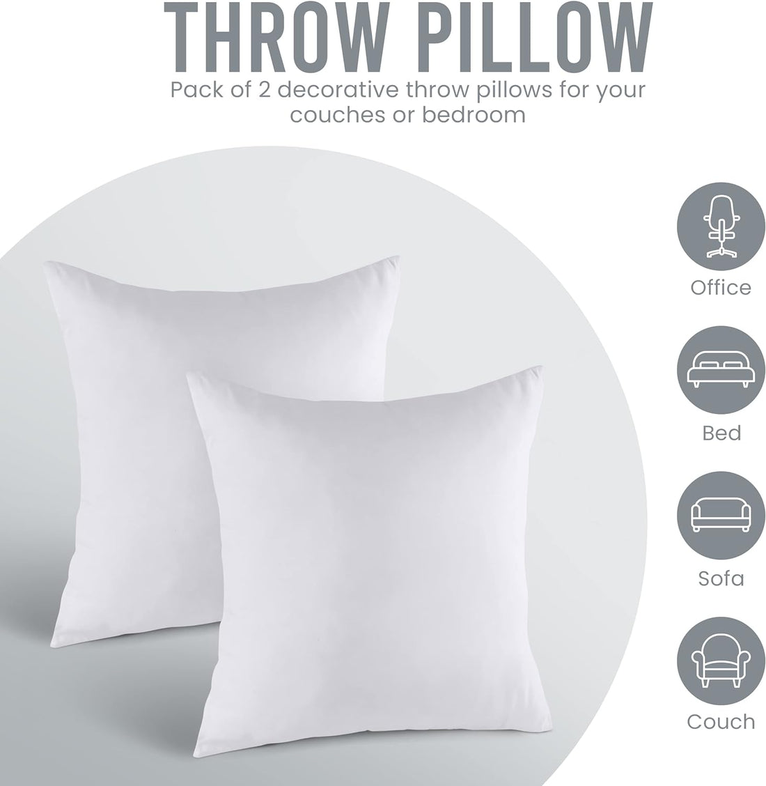 Cymak Bedding Decorative Pillow Insert (2 Pack, White) - Square 18x18 Sofa and Bed Pillow - Poly Cotton Cover - Indoor White Pillows