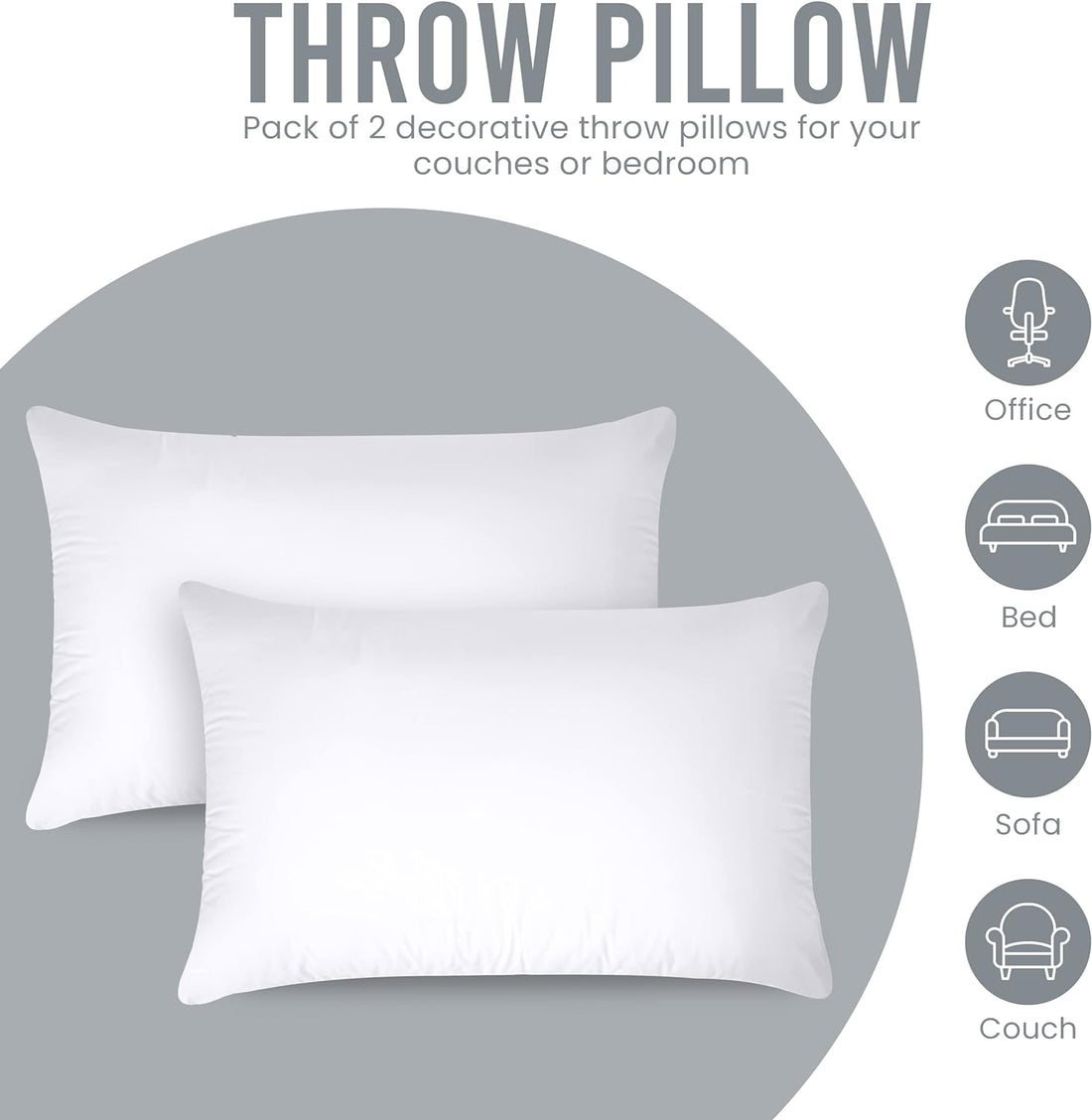 Cymak Bedding Throw Pillows (Pack of 2, White) - 12 x 20 Inches Bed and Couch Pillows - Indoor Decorative Pillows