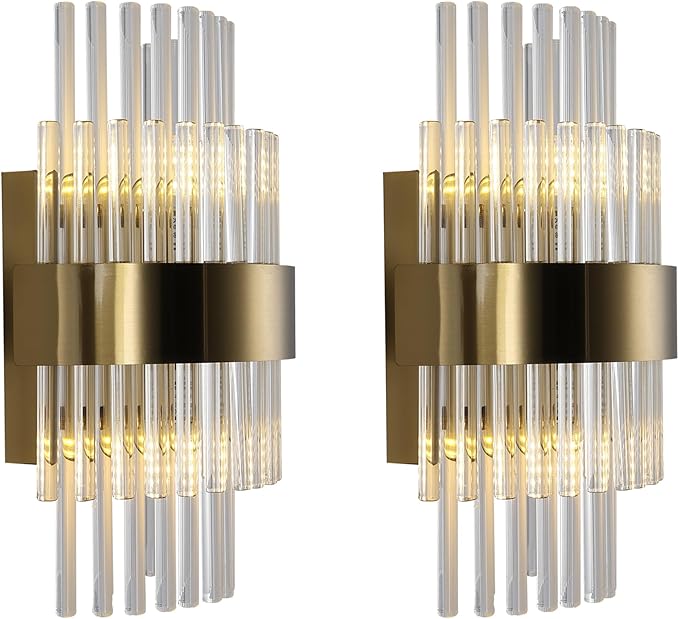 Wall Sconces Set of Two, Gold 2- Light Glass Modern Wall Sconce Light Fixtures, Decorative Wall Lights Suitable for Bathrooms, Foyers, and Corridors (Brass Color 2 Pack)ETL Listed,Free shipping, 60days.