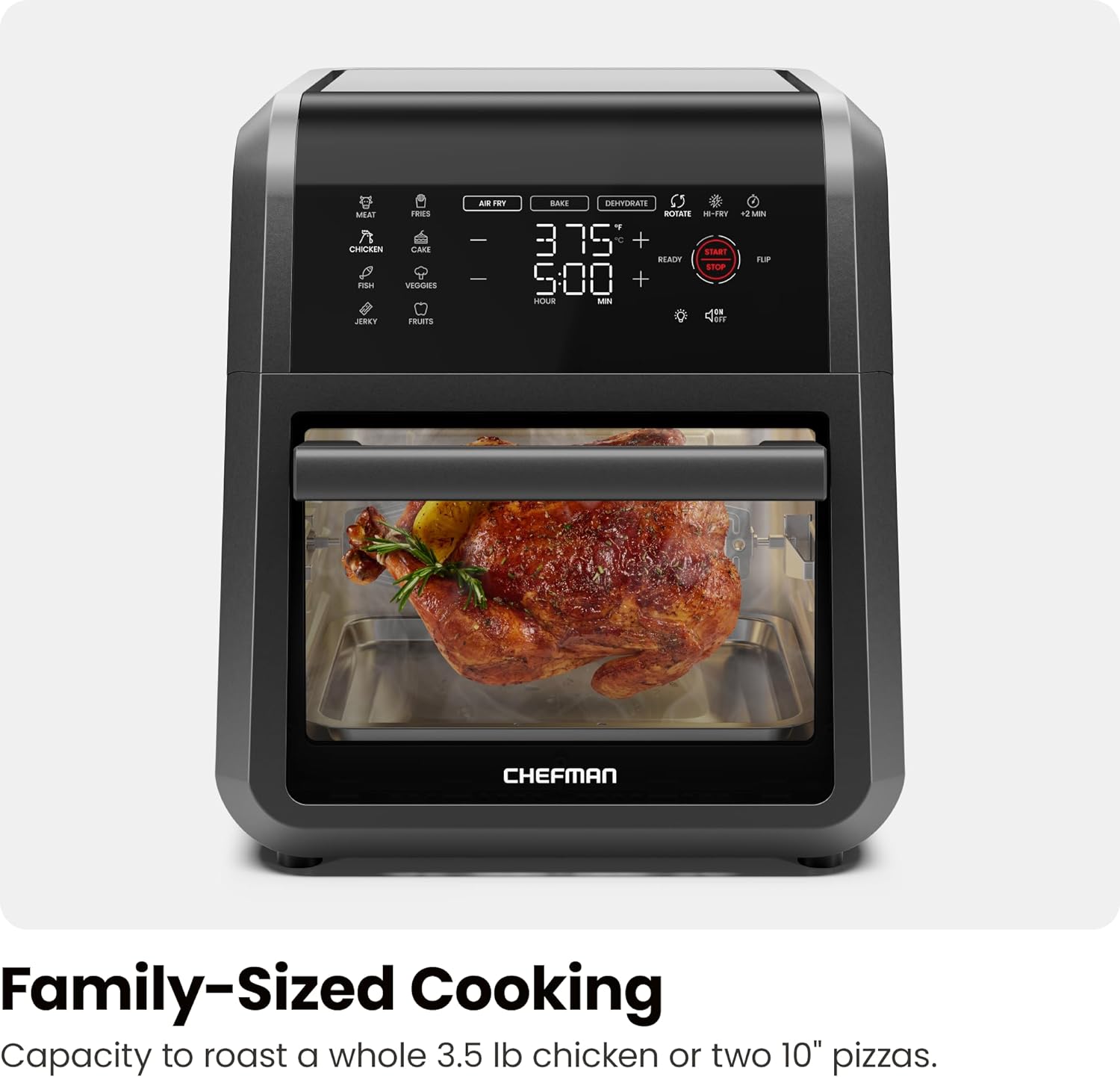 Cymak Air Fryer Oven - 12-Quart 6-in-1 Rotisserie Oven and Dehydrator, 12 Presets with Digital Timer and Touchscreen, Family Size XL Airfryer Countertop Convection Oven, Dishwasher-Safe Parts, Black