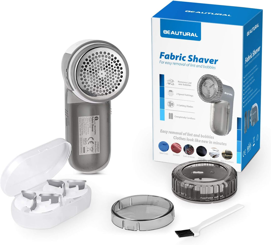 Cymak Lint Remover Fabric Shaver and Sweater Defuzzer with 2-Speeds, 2 Replaceable Stainless Steel Blades, Battery Operated