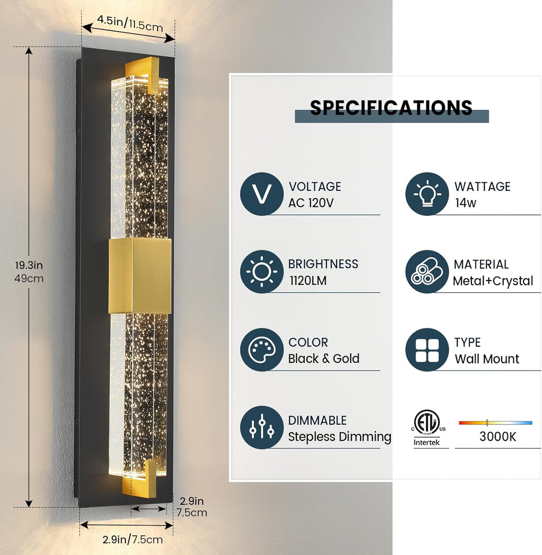 LED Wall Sconce Light: 19 Inch Modern Sconces Wall Lighting 3000K Dimmable Crystal Wall Lamps Indoor Bathroom Sconce Wall Mount Light Fixtures for Living Room/Bedroom/Hallway,Fast and free shipping.