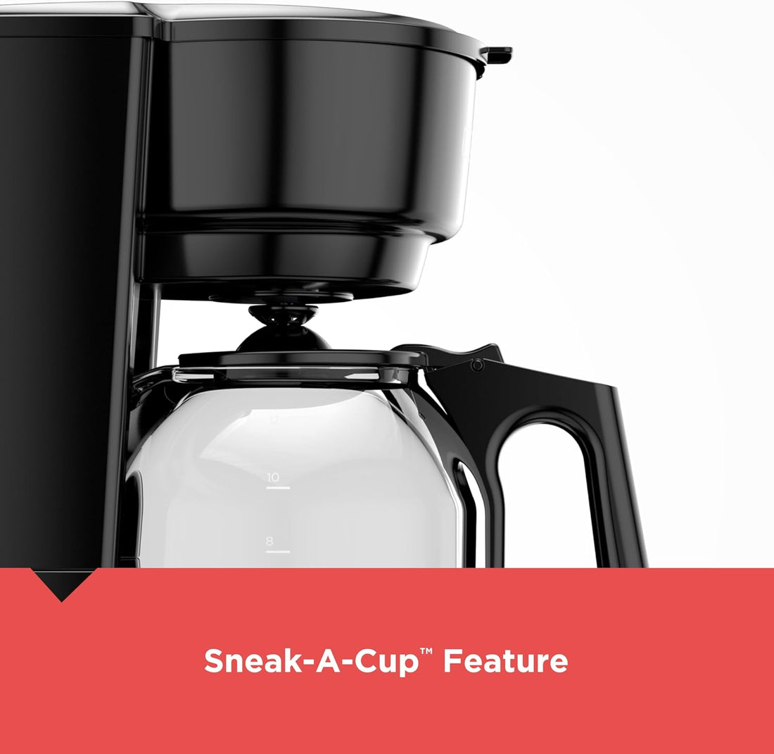 Black and Decker 12-Cup Coffee Maker with Easy On/Off Switch, Easy Pour, Non-Drip Carafe with Removable Filter Basket, Black
