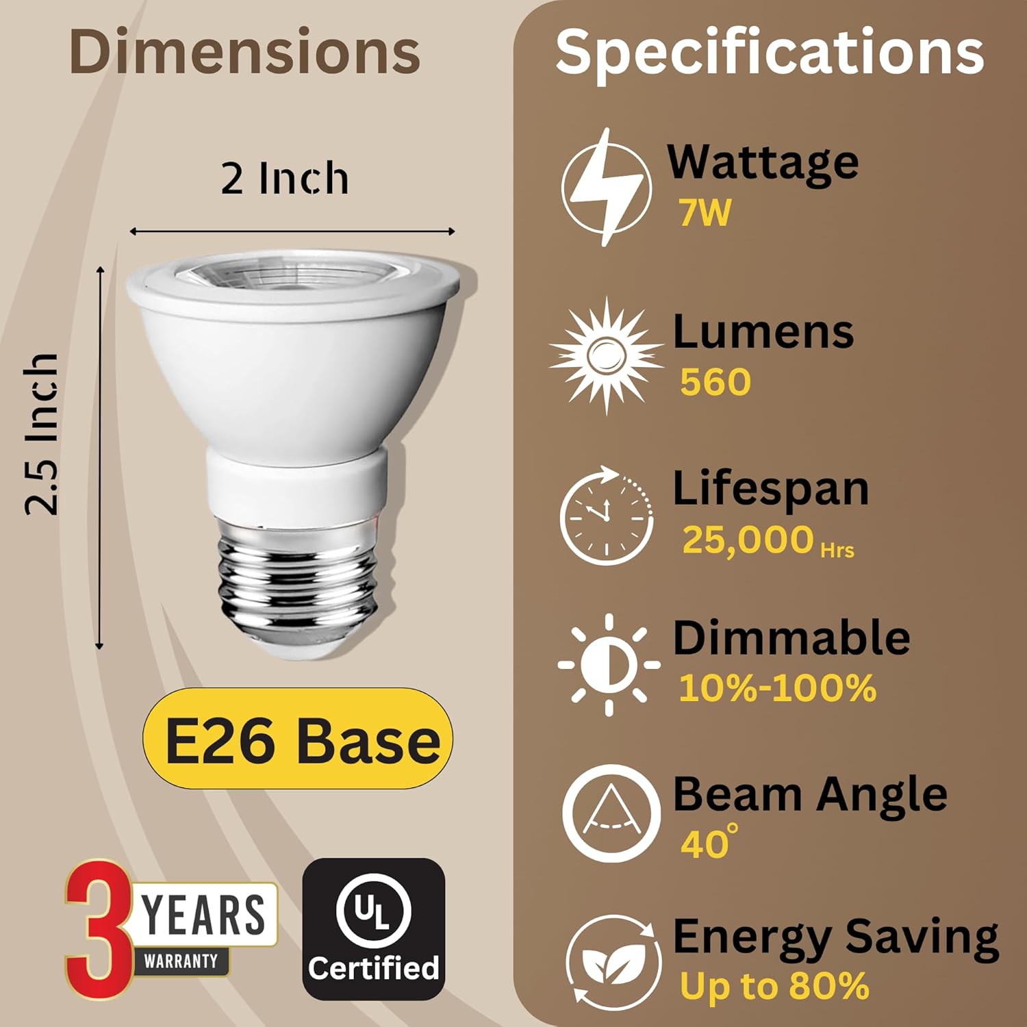 PAR16 LED Bulb, 7W-50W Equivalent,E26 Base  Warm White 3000K, 490LM, CRI80, Dimmable,CUL (6-Pack)