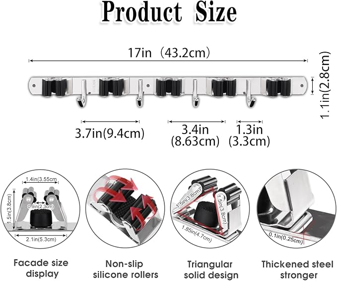 5 Racks and 4 Hooks Mop and Broom Holder Wall Mount, Broom Organizer Storage Tool Racks Stainless Steel Heavy Duty Hooks Self Adhesive Solid Non-slip for Home Kitchen Garden Laundry Garage, free and fast delivery.