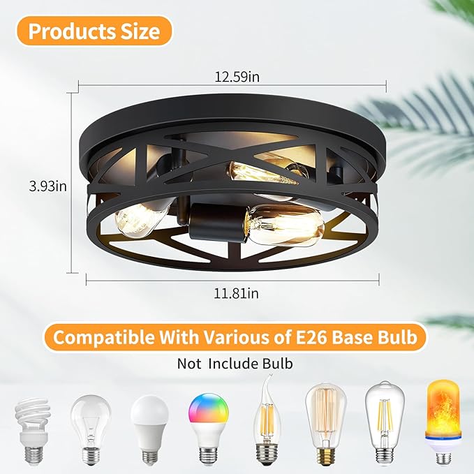 13 inch Farmhouse Ceiling Light Fixture,3-Light Hallway Light Fixtures Ceiling,Black Flush Mount Ceiling Light,Light Fixture Ceiling Mount for Kitchen Hallway Entryway,E26 Base（1 Pack）UL Listed.Fast and free shipping.