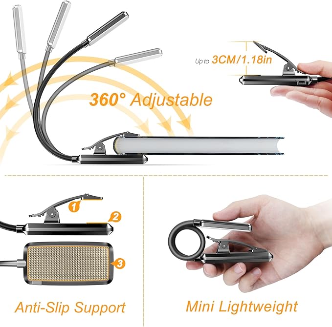 LED Rechargeable Book Light for Reading in Bed-Eye Caring 3 Color Temperatures,Stepless Dimming Brightness,80 Hrs Runtime Small Lightweight Clip on Book Light for Reading,Studying,Free and fast shipping.