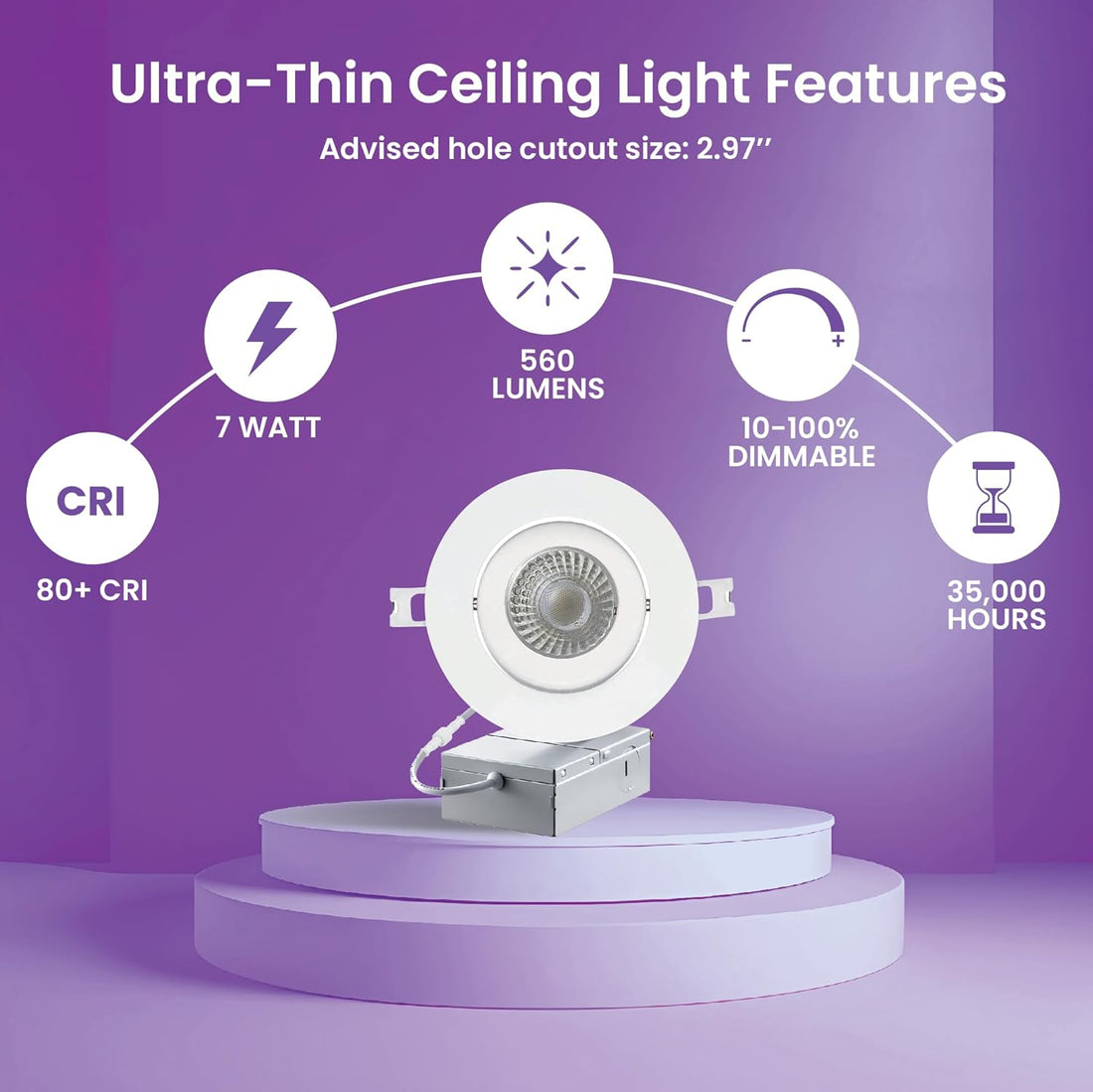 Strak Gimbal White 3-Inch Integrated Panel 7W, 560Lm 4000k Natural White Dimmable, Led Recessed Light Kit with Junction Box (Pack of 6)