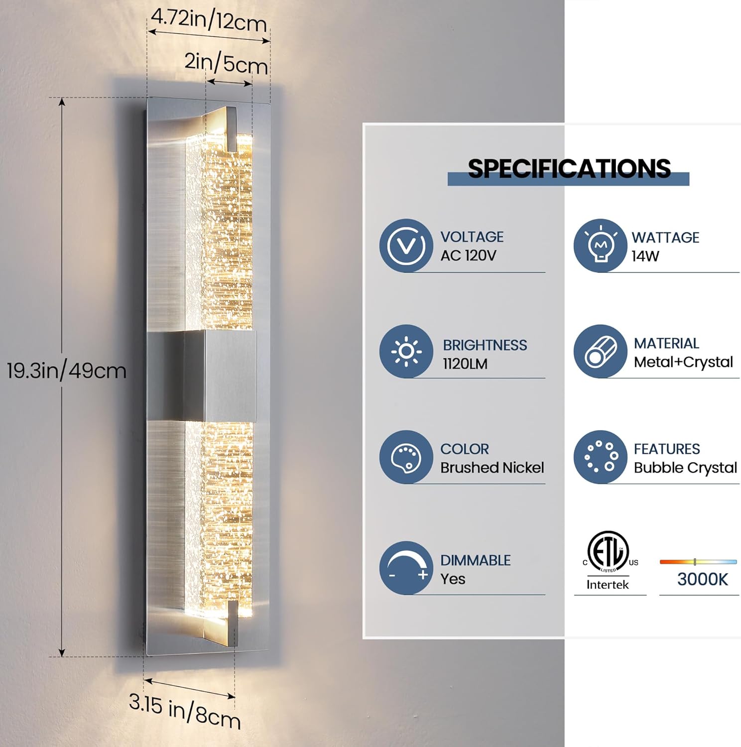 LED Wall Sconce Light: 19 Inch Modern Sconces Wall Lighting 3000K Dimmable Crystal Wall Lamps Indoor Bathroom Sconce Wall Mount Light Fixtures for Living Room/Bedroom/Hallway,Fast and free shipping.