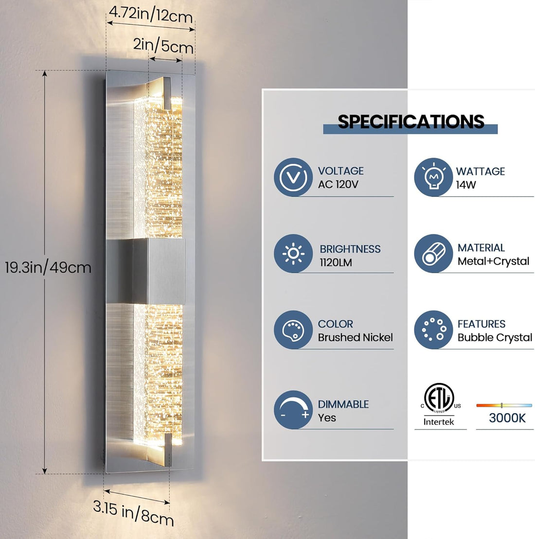 LED Wall Sconce Light: 19 Inch Modern Sconces Wall Lighting 3000K Dimmable Crystal Wall Lamps Indoor Bathroom Sconce Wall Mount Light Fixtures for Living Room/Bedroom/Hallway,Fast and free shipping.