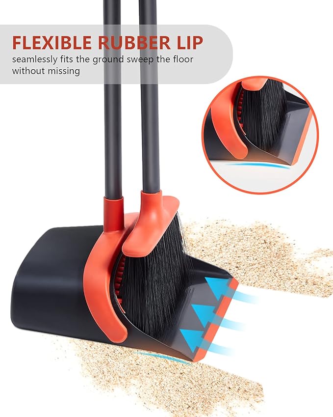 Broom with Dustpan Combo Set, Broom and Dustpan Set with Optional Extension Pole, Broom and Dustpans with Built-in Teeth for Home Lobby Office, Foldable Storage Standing Dust Pan and Brush Set,fast and free delivery.