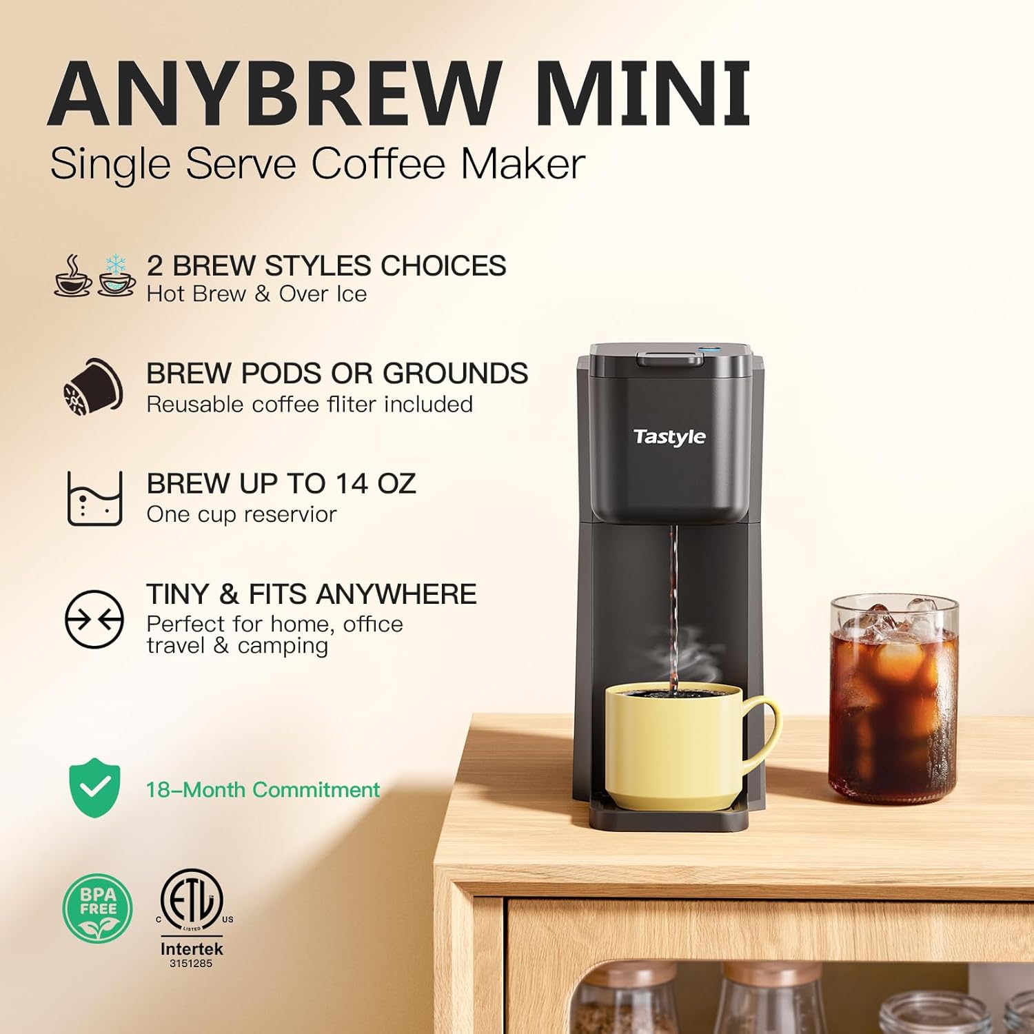 Mini Hot and Iced Coffee Maker Single Serve, for K Cup and Ground, 6 to 14 Oz Brew Sizes, with Recipe Book, for Home, Travel, RV, Office and Dorm,Classic Black