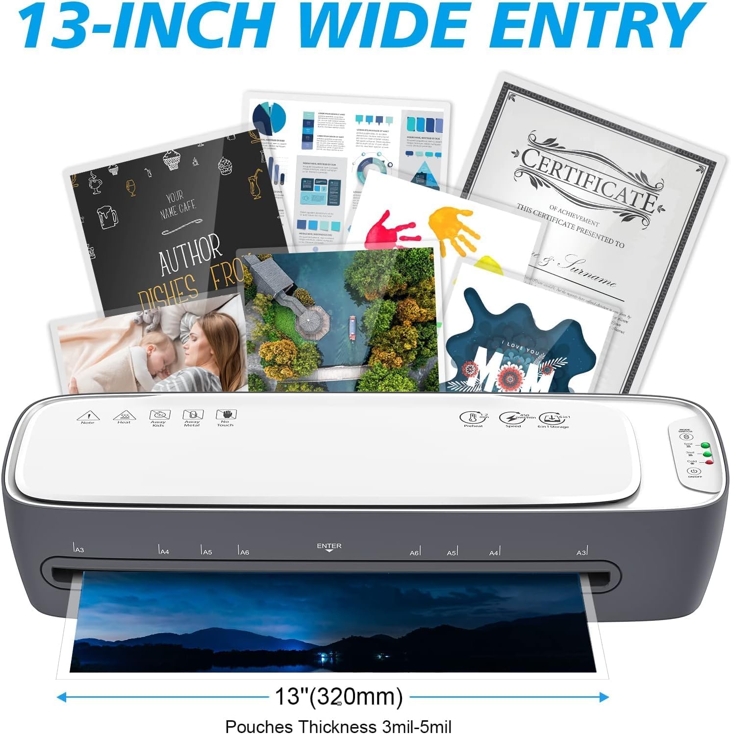 Laminator Machine and Sheets 13-Inch, Laminating Machine 11x17 Cold Thermal Laminator,white colour, 9 in 1 Lamination Machine 60s Warm-Up No Jam, for Home/School/Office use, Fast and free shipping.