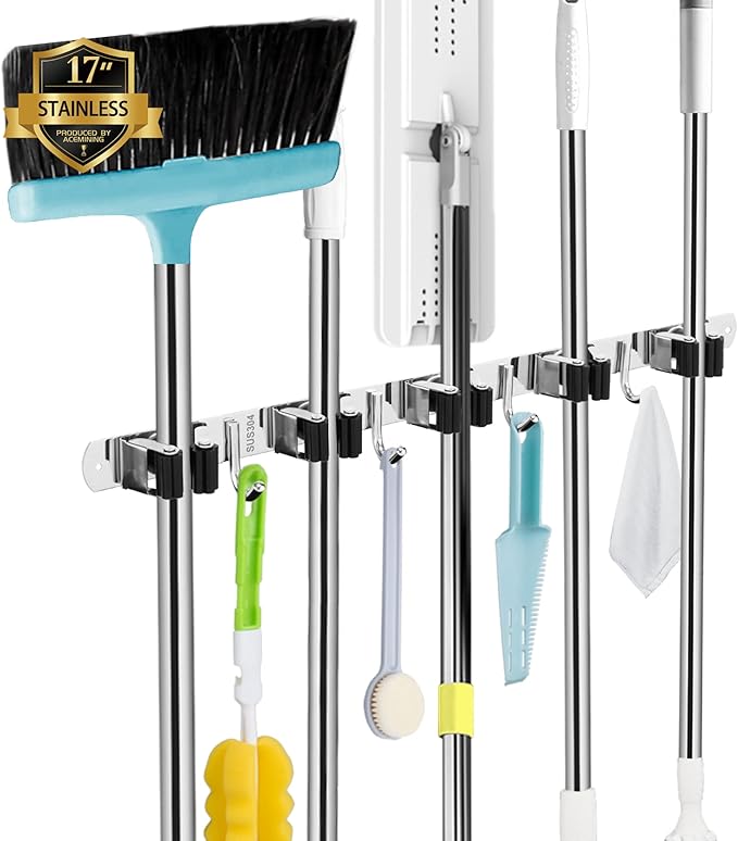 5 Racks and 4 Hooks Mop and Broom Holder Wall Mount, Broom Organizer Storage Tool Racks Stainless Steel Heavy Duty Hooks Self Adhesive Solid Non-slip for Home Kitchen Garden Laundry Garage, free and fast delivery.