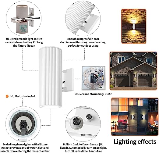 Dusk to Dawn Sensor Outdoor Wall Sconce, Exterior Lighting - ETL Listed, Die-Casting Aluminum Waterproof Wall Mount Cylinder Design - Up Down Light Fixture for Porch, Garage, Garden and Patio, fast delivery.