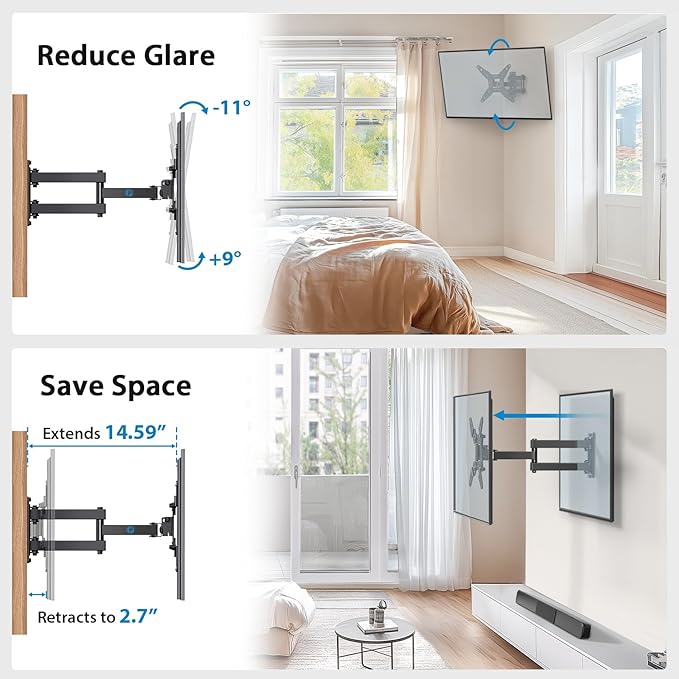 Full Motion TV Monitor Wall Mount Bracket Articulating Arms Swivels Tilts Extension Rotation for Most 13-42 Inch LED LCD Flat Curved Screen TVs & Monitors, Max VESA 200x200mm up to 44lbs ,Free and fast shipping.