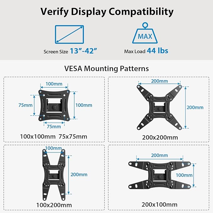 Full Motion TV Monitor Wall Mount Bracket Articulating Arms Swivels Tilts Extension Rotation for Most 13-42 Inch LED LCD Flat Curved Screen TVs & Monitors, Max VESA 200x200mm up to 44lbs ,Free and fast shipping.