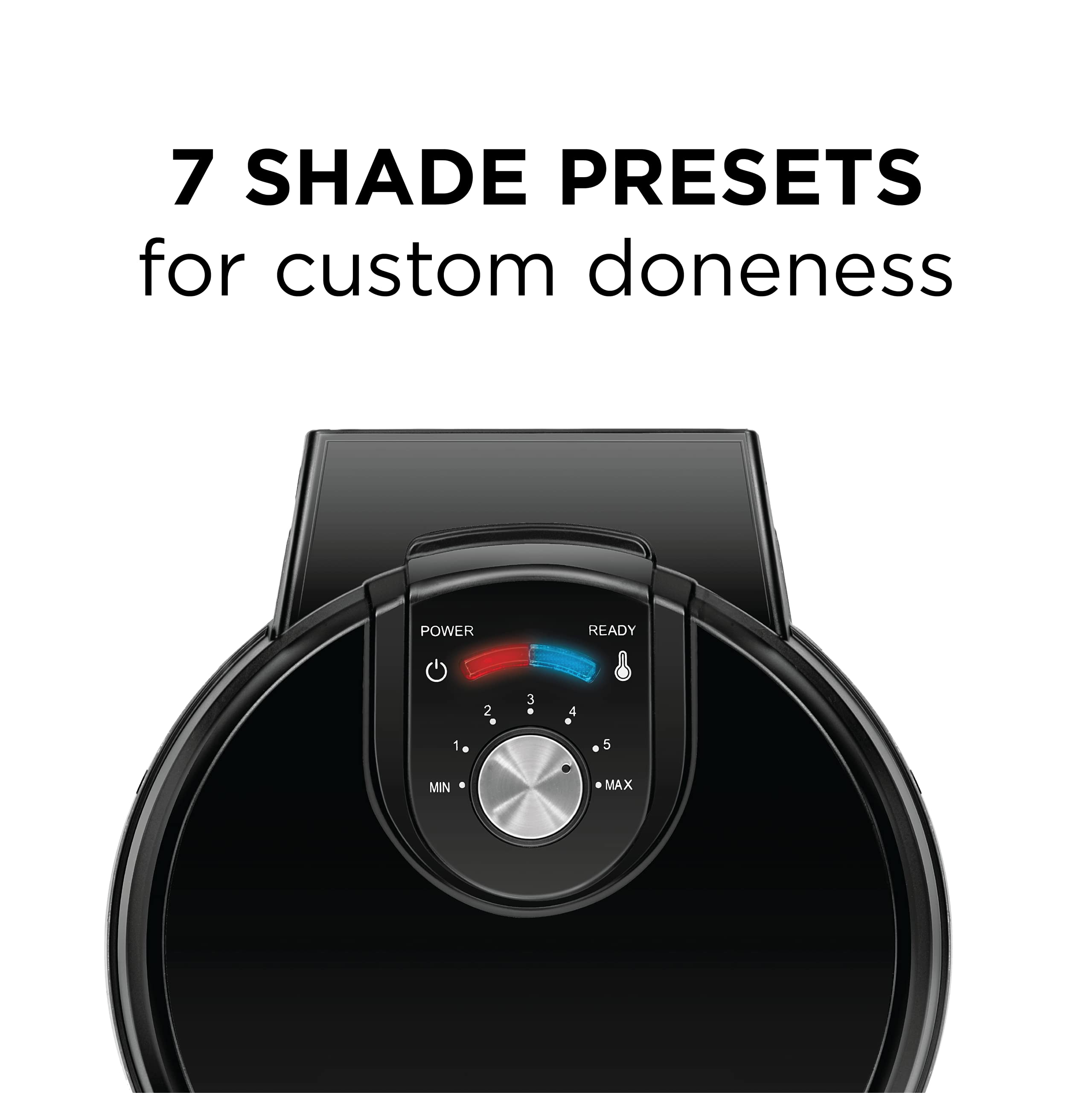 Anti-Overflow Belgian Waffle Maker w/Shade Selector, Temperature Control, Mess Free Moat, Round Nonstick Iron Plate, Cool Touch Handle, Measuring Cup Included, Black Stainless Steel