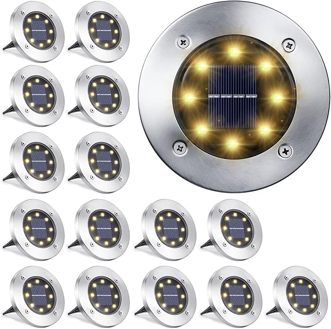 Solar Ground Lights Outdoor, 16 Pack 8 LED Solar Disk Lights Waterproof Garden In-ground Pathway Lights Landscape Lighting for Lawn,Yard,Deck,Patio,Walkway (Warm White),Fast and free delivery.