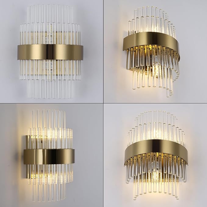 Wall Sconces Set of Two, Gold 2- Light Glass Modern Wall Sconce Light Fixtures, Decorative Wall Lights Suitable for Bathrooms, Foyers, and Corridors (Brass Color 2 Pack)ETL Listed,Free shipping, 60days.