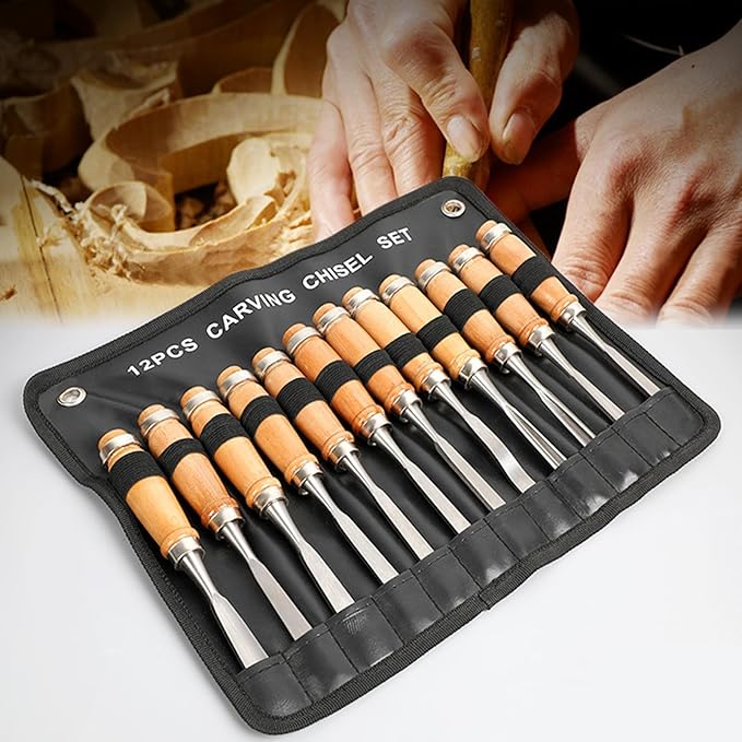 12 Pcs Professional Wood Handle Carving Chisels Tools, Woodworking Sculpting Wood Carving Chisel Set for DIY Art Craft Clay Carpentry