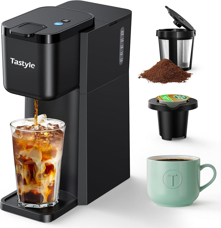 Mini Hot and Iced Coffee Maker Single Serve, for K Cup and Ground, 6 to 14 Oz Brew Sizes, with Recipe Book, for Home, Travel, RV, Office and Dorm,Classic Black