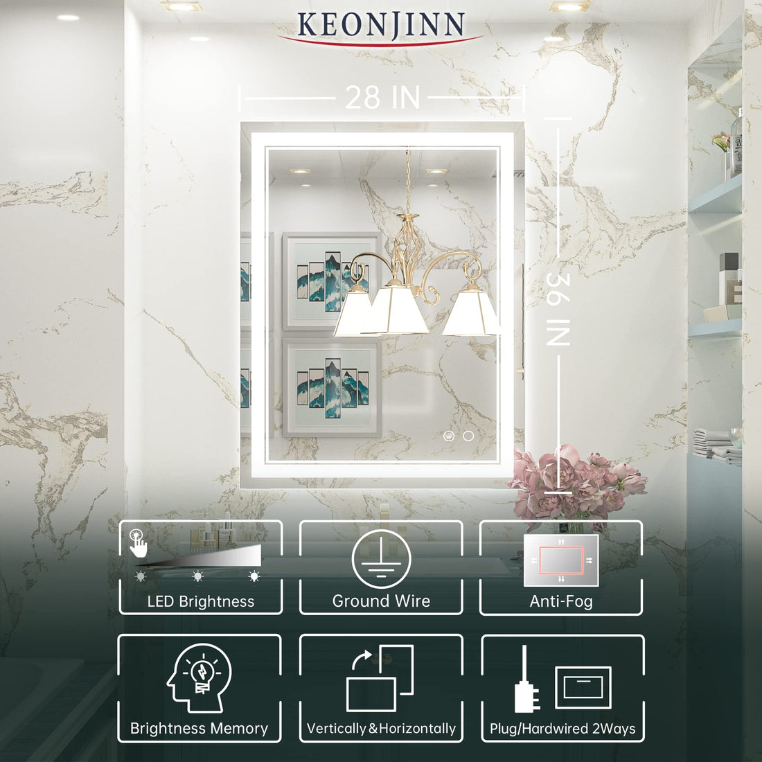 Cymak LED Mirror Bathroom Mirror with Lights, Lighted Vanity Mirror, Wall Mounted Anti-Fog Dimmable Lighting Makeup Mirrors, IP54 Waterproof Shatterproof (Vertical or Horizontal)