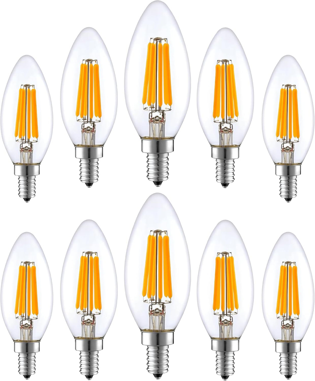 LED Candelabra, E12 BASE, 6W=60Watt, 600 Lumens, Clear Filament, 3000K, CRI90, CETL, Dimmable (Pack of 10)