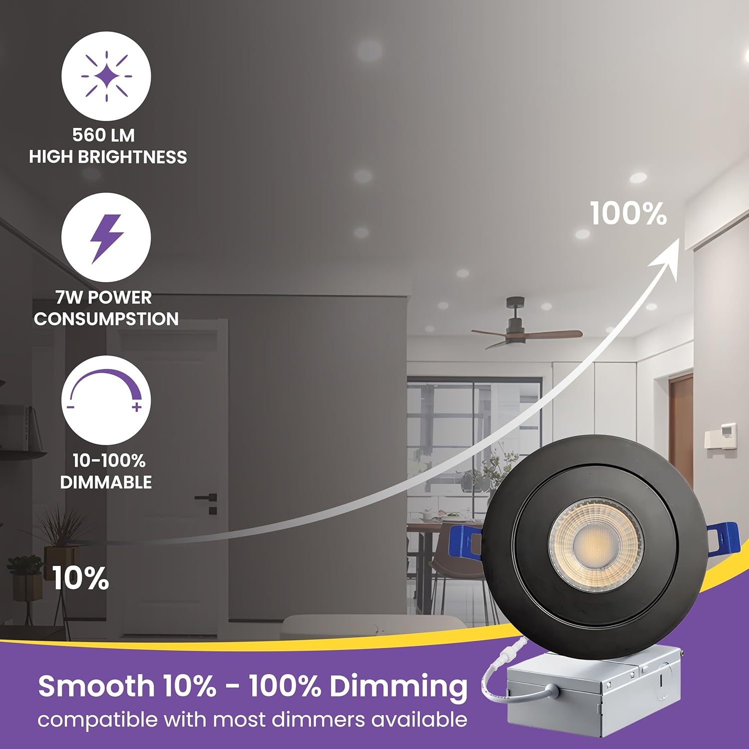 Strak Black 3-Inch Integrated Slim Panel 7 W 560lm Downlight Recessed Lighting with Gimbal 5000k (Cool White) - Energy Star (Pack of 6)