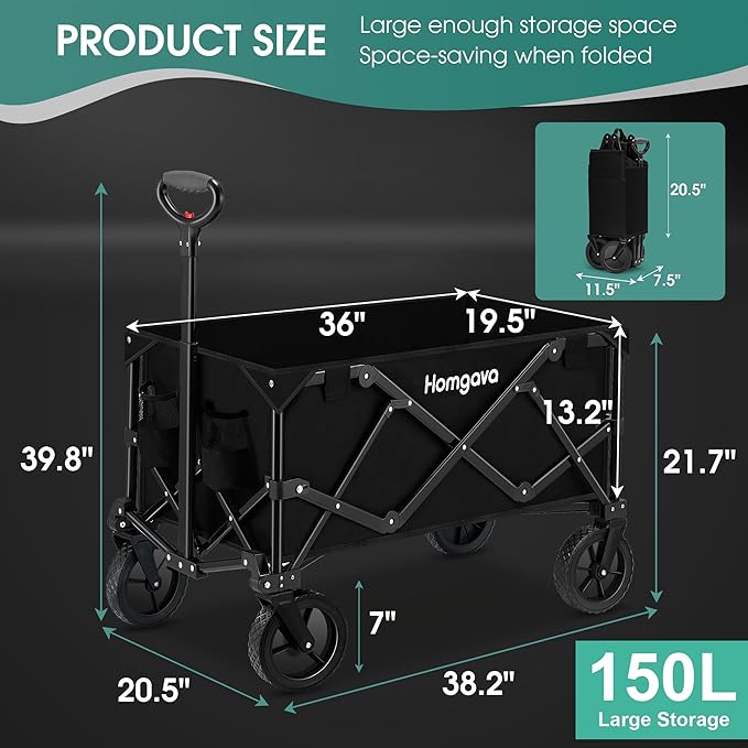 Collapsible Folding Wagon Cart 150L,Heavy Duty Garden Cart with All Terrain Wheels,Portable Large Capacity Utility Wagon Cart for Camping Fishing Sports Shopping,Black,fast and free delivery