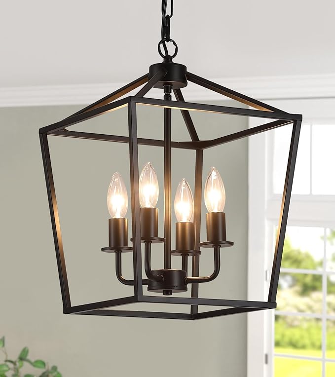 UL Listed Black Industrial 4 Light Lantern Chandelier Ceiling Light Fixtures Farmhouse Metal Cage Rustic Geometric Pendant Light for Kitchen Island Entryway Dining Room Stairs and Hallway, free and  fast delivery.