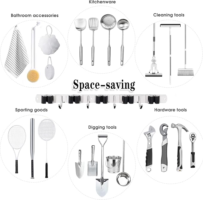 5 Racks and 4 Hooks Mop and Broom Holder Wall Mount, Broom Organizer Storage Tool Racks Stainless Steel Heavy Duty Hooks Self Adhesive Solid Non-slip for Home Kitchen Garden Laundry Garage, free and fast delivery.